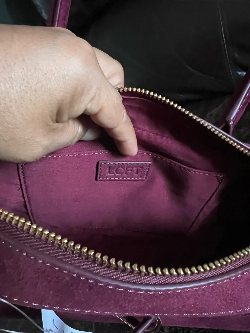 LOFT Wine Suede Satchel with Gold Hardware